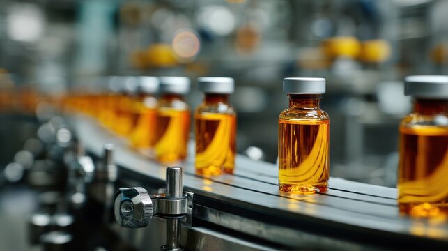 Pharmaceutical production line with amber glass vials on a conveyor belt