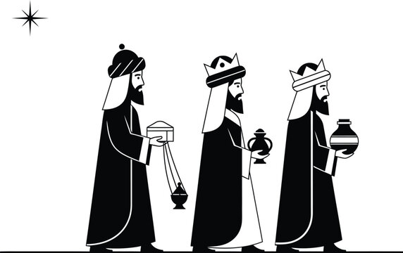 Professional biblical illustration three wise men walking toward the star with sacred gifts epiphany celebration
