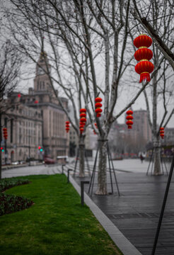 lanterns and historical buildings on the Bund in Shanghai