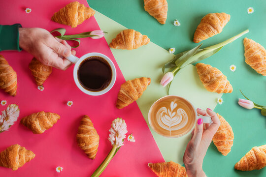 Brightly Colored Flay-lay of Coffee and Crescent Rolls
