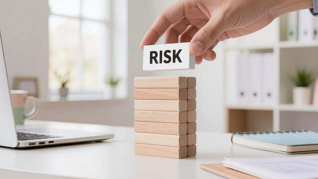 Hand Placing "Risk" Block on Unstable Wooden Tower on Office Desk