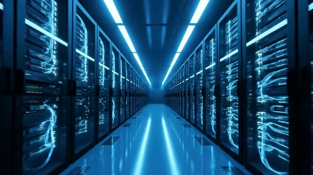 A futuristic blue-lit server room interior.