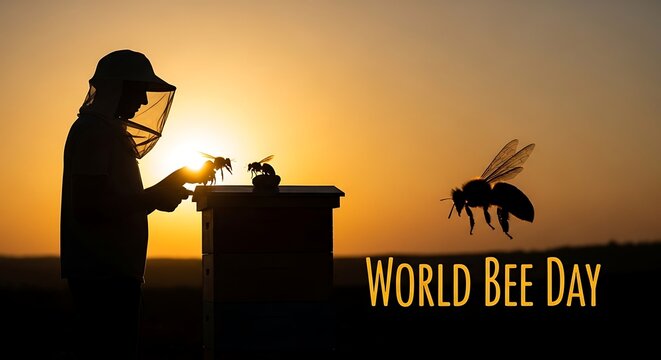 Beekeeper in protective gear with a honeybee on world bee day
