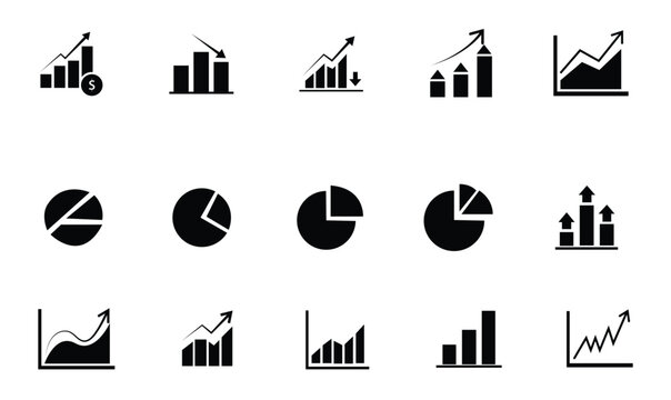 Growing graph set. Statistics and analytics vector icon. Collection of simple linear web icons, line charts, bar charts, pie charts.