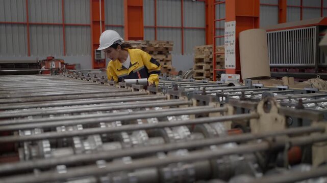 Industrial engineers reviewing production documents and discussing manufacturing operation inside factory.