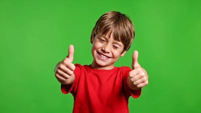 A cheerful young boy in a red t-shirt smiles, gives two thumbs up, and winks on a green screen.
