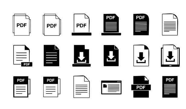 Trendy PDF vector icon bundle with document file format and digital page symbols set