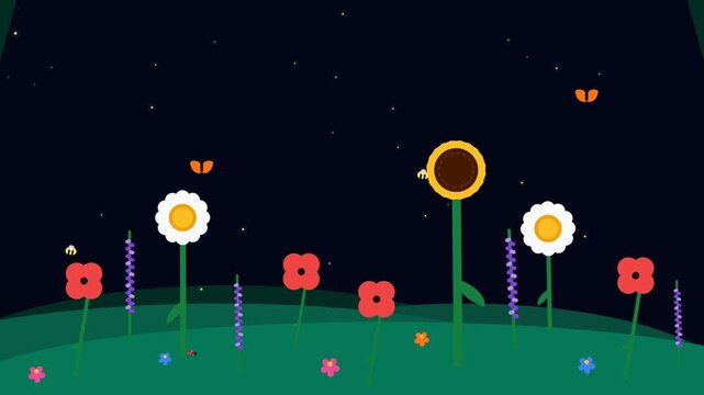 Colorful Stylized 2D Flower Field Animation with Sunflower and Daisies in a Whimsical Night Landscape