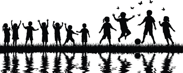 Obraz premium Children silhouette playing near water reflection with butterflies, joyful childhood concept, outdoor activity, freedom and happiness, black illustration isolated on white background
