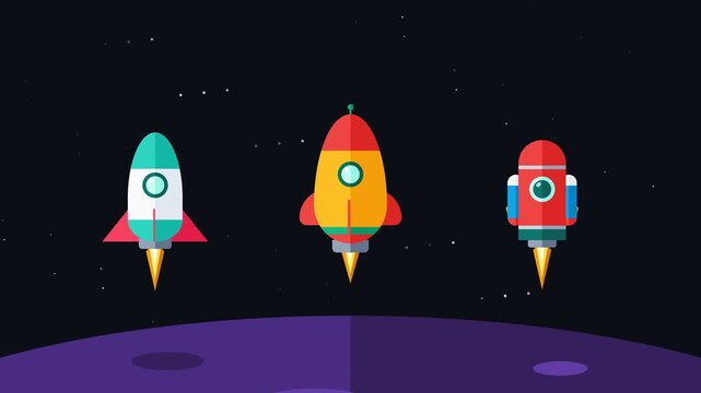 Flat design animation of colorful rockets launching into space above a purple planet for startup and technology concepts