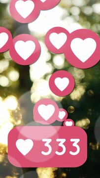 Vertical video: Frame advance pink hearts and round counter rising, updating counts to show growth