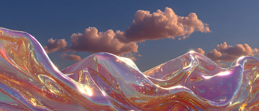 Surreal Iridescent Liquid Wave Floating over Sunset Clouds, Hyper-realistic Chrome Texture, High-end Tech Background (Copy Space).