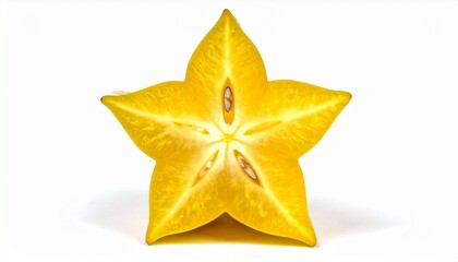 Fototapeta premium A close-up studio shot of a ripe star fruit sliced in half, revealing its unique star shape and edible seeds, isolated on a pure white background