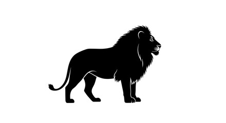 Silhouette of a majestic lion standing, profile view, black on white background © Joni