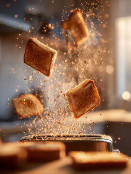 Golden brown toast slices popping up from a toaster with crumbs flying in a cozy kitchen bathed in soft natural morning sunlight and warm tones
