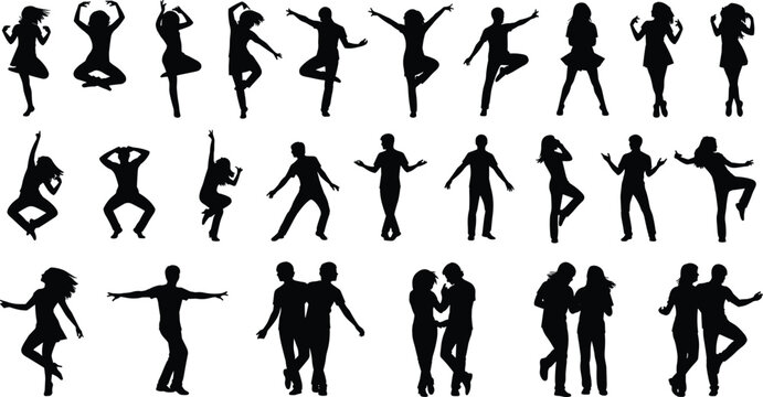 Dancing people silhouette collection, men and women in dynamic dance poses, party and music movement set, isolated black illustration for entertainment design