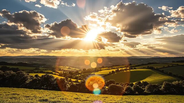 Dramatic sunset over rolling hills landscape with sun rays and clouds