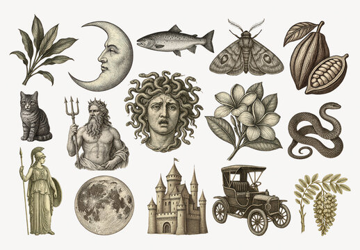 Vintage Illustration Of Mythical Symbols Element Design Set
