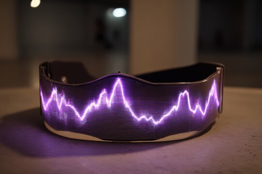 A woman wearing a headband adorned with glowing purple lights, smiling and looking towards the camera.