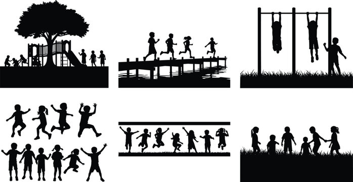 Children silhouettes playing outdoors set with playground running jumping climbing activities isolated vector illustration collection