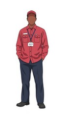 Obraz premium Confident bus driver standing in uniform with name tag and cap, hands in pockets, front view on white background