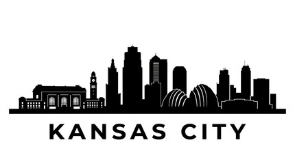 Fototapeta premium Black and white skyline silhouette of Kansas City with Union Station and modern skyline. No people. Minimal composition. Bottom: 