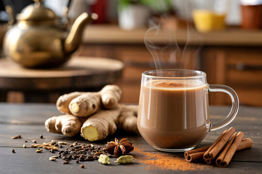 Steaming glass mug of masala chai tea with ginger, cinnamon star, anise and cardamom on a rustic wooden surface