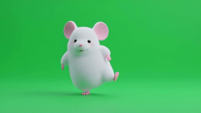 3D Animated Cute White Mouse Dancing on Green Screen Background Video Clip.
