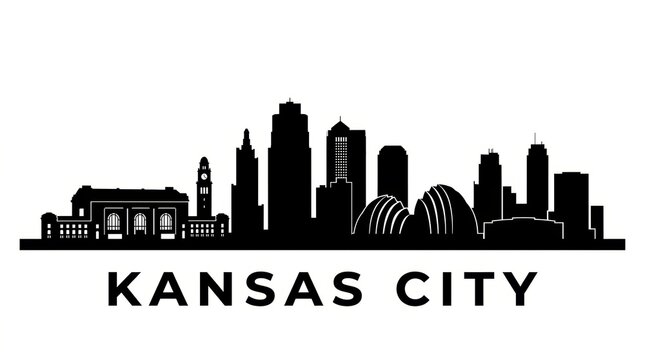Black and white skyline silhouette of Kansas City with Union Station and modern skyline. No people. Minimal composition. Bottom: "Kansas City" lettering.