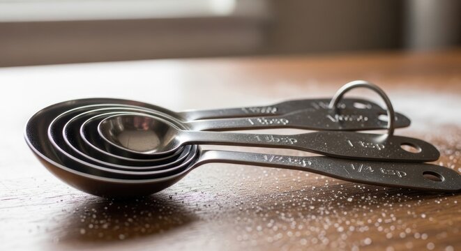 Measuring Spoons Set on Wooden Surface.