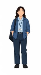 Fototapeta premium Young female journalist standing with press badge and casual outfit isolated on white background