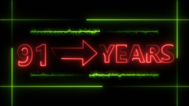 Abstract count 91 -years neon bright sign red color 4k illustration. Neon great celebrates years 4k illustration.