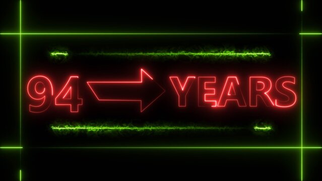 Abstract count 94 -years neon bright sign red color 4k illustration. Neon great celebrates years 4k illustration.