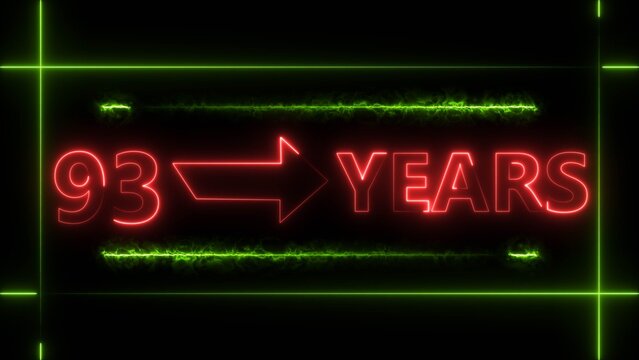 Abstract count 93 -years neon bright sign red color 4k illustration. Neon great celebrates years 4k illustration.