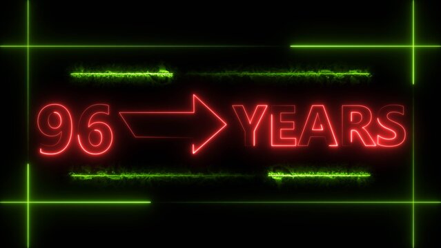 Abstract count 96 -years neon bright sign red color 4k illustration. Neon great celebrates years 4k illustration.