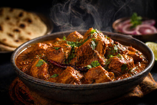 Spicy Indian chicken curry in traditional bowl with steam authentic cuisine and delicious food concept