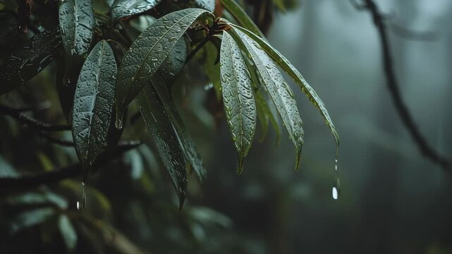 Cinematic Close Up of Raindrops Dripping from Green Leaves in a Moody Foggy Forest for Nature ASMR Video.