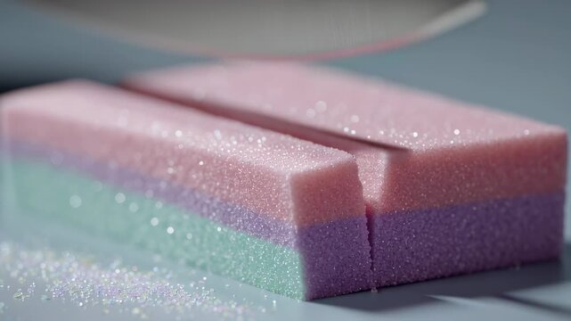 Oddly Satisfying ASMR Video of Sharp Knife Slicing Through Pastel Glitter Sand Block in Slow Motion.