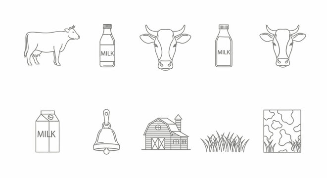 Dairy farm illustration featuring cow milk bell barn and grass elements