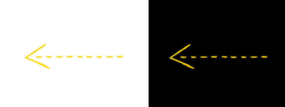 Yellow Dashed Left Pointing Arrow Minimal Line Art Icon on White and Black Background