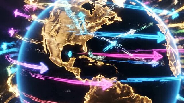 Global connections and international communication concept with colorful arrows around the Earth.