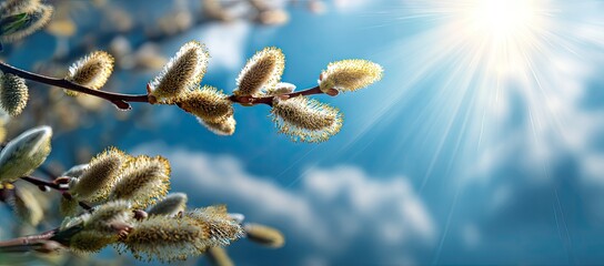 Fototapeta premium Bright sun shines on fluffy willow catkins against a vibrant blue sky with clouds