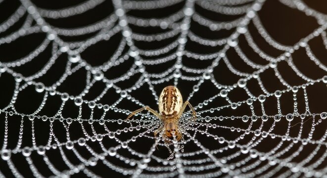 Spider in its web with water droplets.