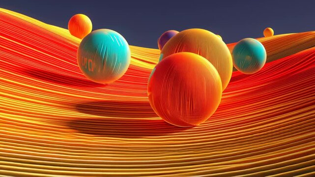 Vibrant 3D Animation of Colorful Spheres Bouncing on Textured Wavy Slopes in an Oddly Satisfying Loop.