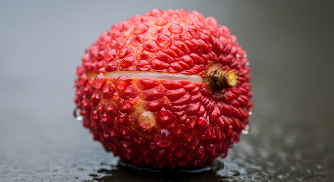 A vibrant red lychee fruit cut in half on a wet surface with a gray background