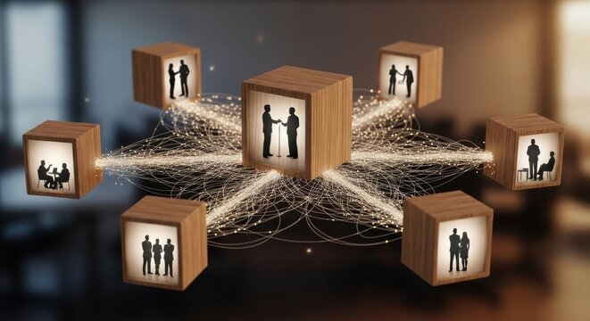 Abstract 3d art installation with framed silhouettes and geometric shapes