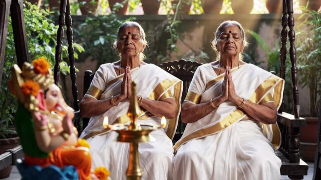 Two elderly Indian women in traditional white saris with gold trim meditating with folded hands in a garden setting beside a Ganesha statue and an oil lamp