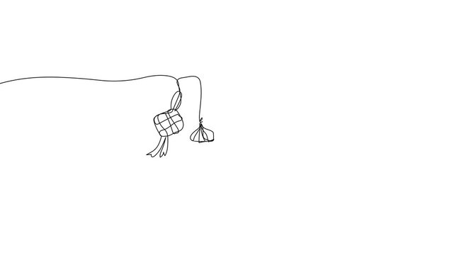 Continuous line Ramadan hanging decoration animation. One line lantern and ketupat ornaments on clean white background