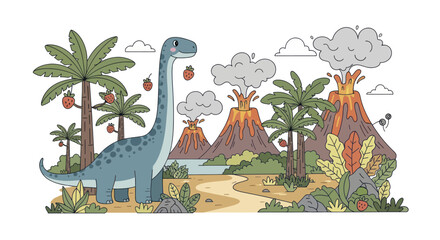 Blue Brontosaurus Dinosaur Eating Leaves in Prehistoric Landscape. © Berkah