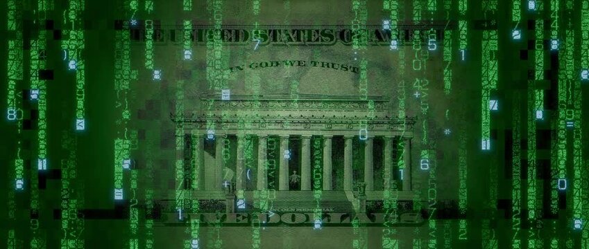 Electronic Cash Concept with Five Dollar Bill made from Animated Numbers and Symbols. Modern Banking Background.